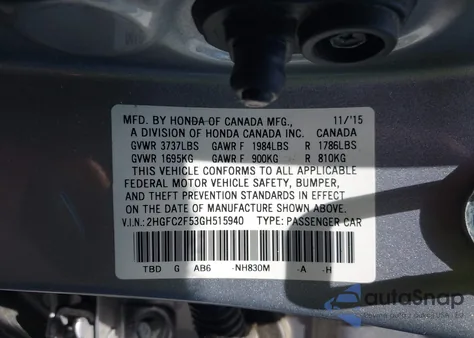 2016 Honda Civic Lx z USA, uszkodzony, nr VIN 2HGFC2F53GH515940